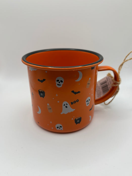 Orange spooky enamel mug