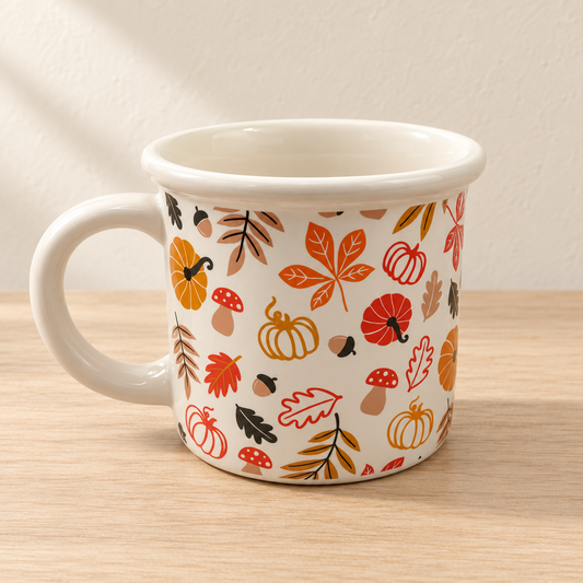 White autumn leaves and pumpkin mug