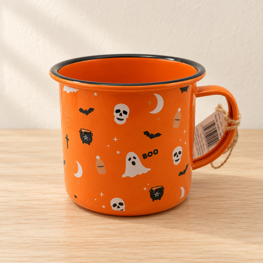 Orange spooky enamel mug